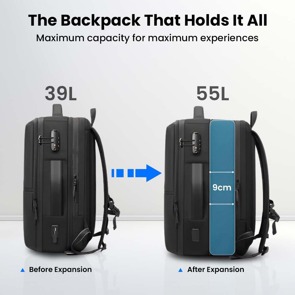 TECPHILE Vacuum Compression Backpacks Travel Bag for Men Smart Airpack 39-55L Expandable fit for 17" Laptop Bags Waterproof, Anti-Theft, TSA Lock, USB Port Carry-On Luggage for Airplane, Office