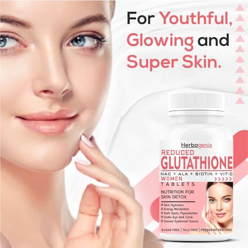 HERBAGENIX Glutathione Tablets For Skin Whitening L-Glutathione, Vitamin C, E, Biotin, Milk Thistle Powder, Hyaluronic Acid, Collagen Supplements For Women-60 Glow Tablet (No Capsule/Capsules)