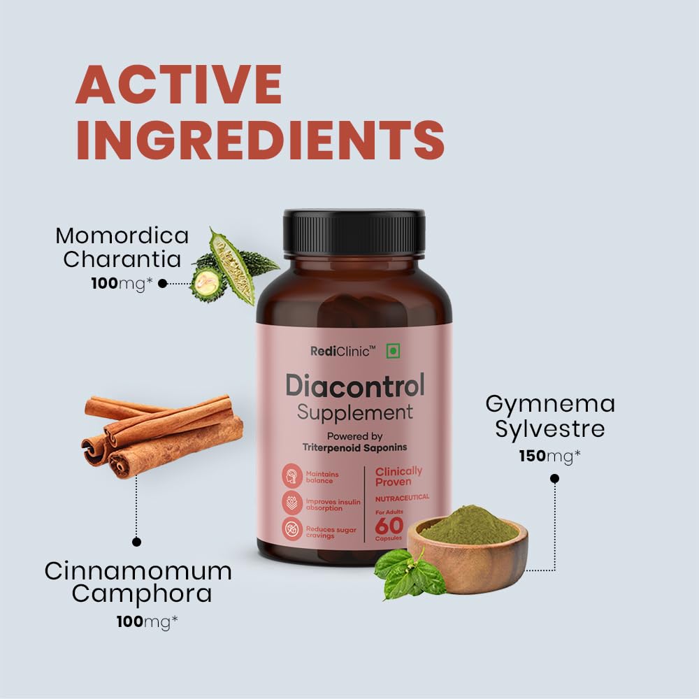 RediClinic DiaControl Capsules for Diabetes | Made with Gudmar, Karela, Jamun, Shatavari |Helps Manage Blood Sugar Levels & Healthy Glucose Levels | Pack of 1-60 Capsules