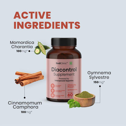 RediClinic DiaControl Capsules for Diabetes | Made with Gudmar, Karela, Jamun, Shatavari |Helps Manage Blood Sugar Levels & Healthy Glucose Levels | Pack of 1-60 Capsules