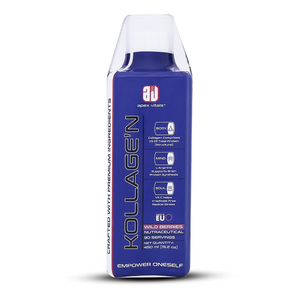 Apex Vitals Liquid Collagen – Type 1 & amp; 3 with Hyaluronic Acid, Vitamin C Mohai Ignes Mineral Water | Supports Joint Health | Fast Absorption | EFSA & FSSAI Certified | Wild Berries - 30 Servings