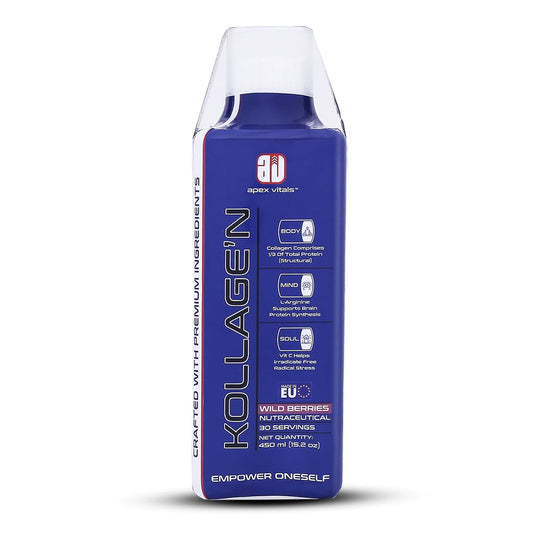 Apex Vitals Liquid Collagen – Type 1 & amp; 3 with Hyaluronic Acid, Vitamin C Mohai Ignes Mineral Water | Supports Joint Health | Fast Absorption | EFSA & FSSAI Certified | Wild Berries - 30 Servings