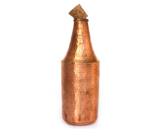 DeKulture Hand Hammered Pure Copper Water Bottle with Wooden Cork Lid (1 Liter) - Ayurvedic & Yoga Benefits, 3.5 x 9.5 (DH) Inches