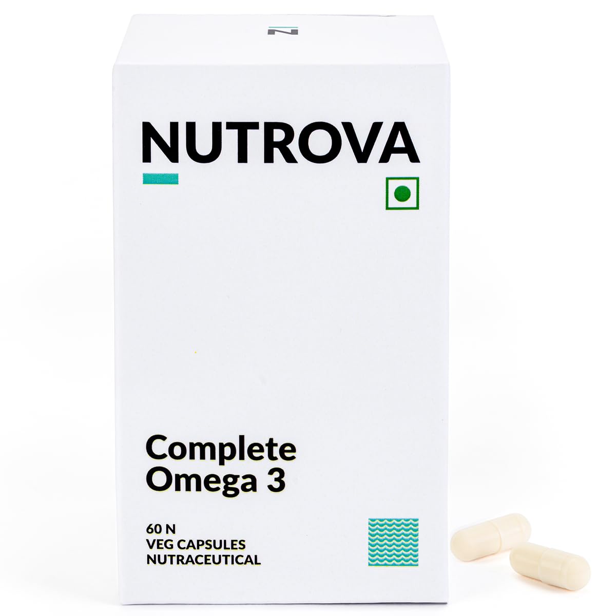 NUTROVA Complete Omega 3 Vegan and Gelatin-Free 60 capsules with Marine Algal Extract Containing 17% vegan-sourced DHA – Supports Cardio Health, Skin & Hair etc - Ideal for Vegans & Vegetarians