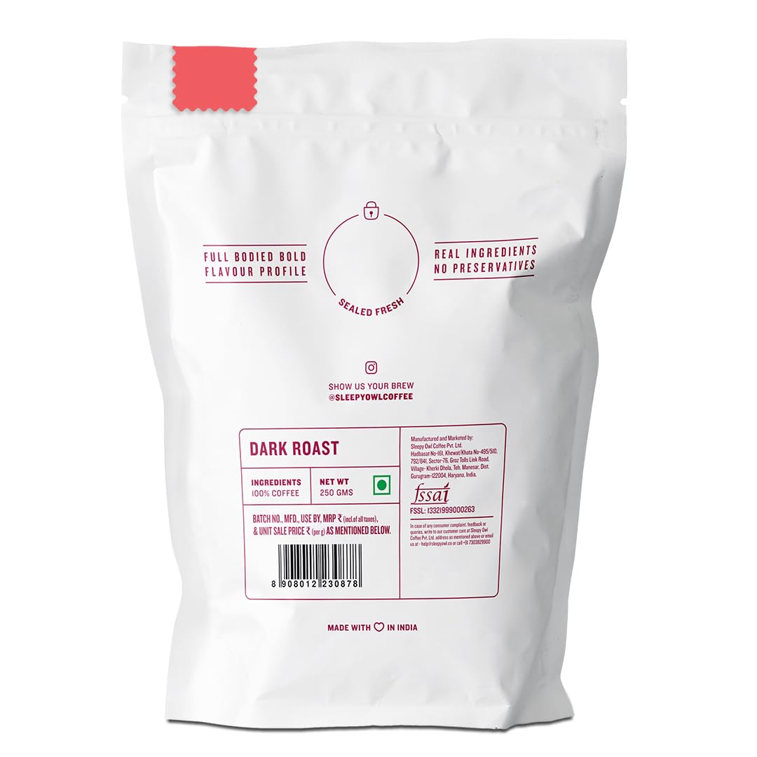 Sleepy Owl Dark Roast Ground Coffee for French Press | 100% Arabica | Coarse Grind Coffee | Also Suitable for Cold Brew Coffee | 250g | Directly Sourced From Chikmagalur