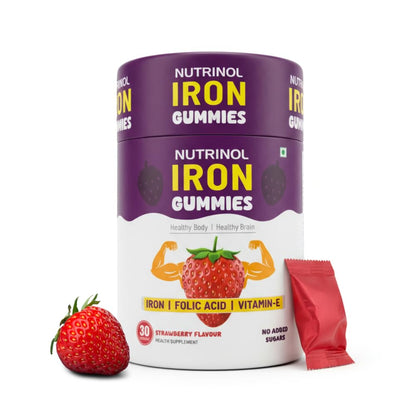 Knoll Healthcare Nutrinol Iron Gummies With Folic Acid & Vitamin E | Strawberry Flavour | No Sugar Added | 30 Gummies | Supports Hemoglobin, Energy & Immunity