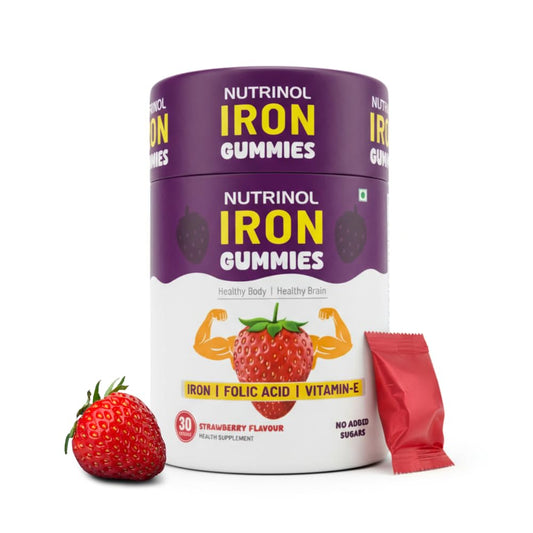 Knoll Healthcare Nutrinol Iron Gummies With Folic Acid & Vitamin E | Strawberry Flavour | No Sugar Added | 30 Gummies | Supports Hemoglobin, Energy & Immunity