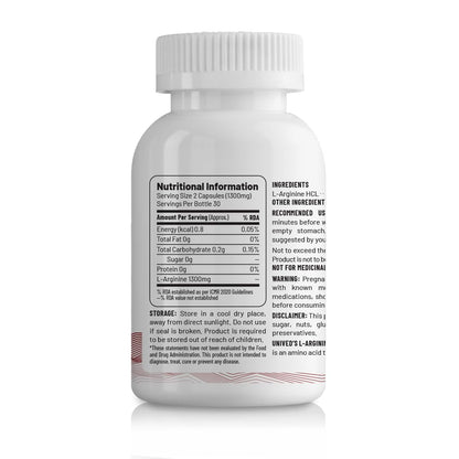 Unived L-Arginine 1300mg | Supports Heart Function, Nitric Oxide Production, and Optimal Blood Flow - 60 Vegan Capsules