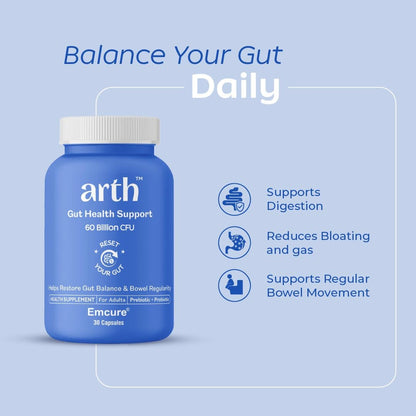 Arth Gut Health Capsules | Prebiotic & Probiotic Supplement with 60 Billion CFUs | Helps with Digestive Health, Gut Balance, Bowel Regularity, Bloating & Gas | Supports Immunity| 30N Veg