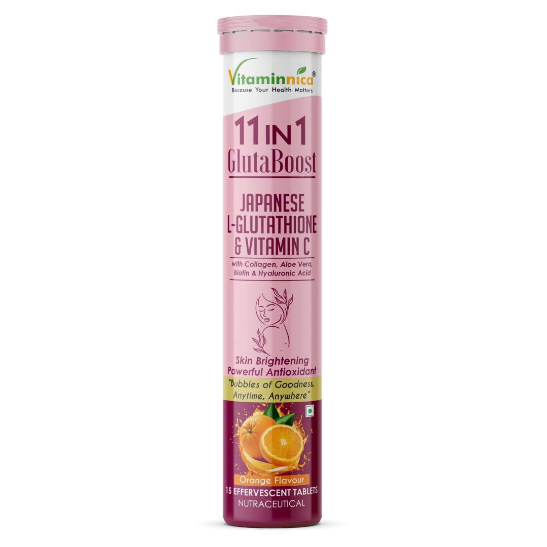 Vitaminnica Gluta Boost 11-in-1 Effervescent Tablets with Japanese L-Glutathione, Collagen, & Hyaluronic Acid | Skin Radiance & Beauty Supplement | 15 Tablets (Pack of 1, Orange)