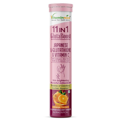 Vitaminnica Gluta Boost 11-in-1 Effervescent Tablets with Japanese L-Glutathione, Collagen, & Hyaluronic Acid | Skin Radiance & Beauty Supplement | 15 Tablets (Pack of 1, Orange)