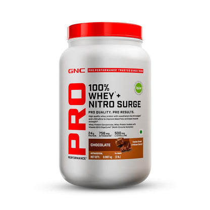 GNC 100% Whey + Nitro Surge, 24g Protein/Scoop, Cardio Protect Formula, 756mg Nitrosigine, 500mg L-Citrulline for Muscle Recovery, Endurance & Heart Health | Chocolate, 2lbs | USA Formulated