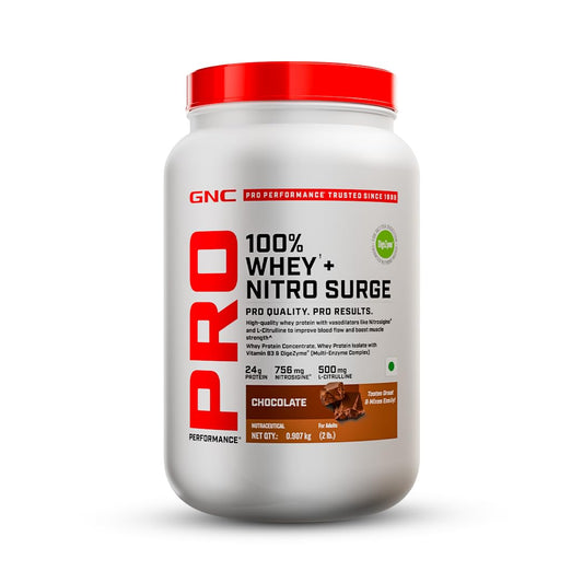 GNC 100% Whey + Nitro Surge, 24g Protein/Scoop, Cardio Protect Formula, 756mg Nitrosigine, 500mg L-Citrulline for Muscle Recovery, Endurance & Heart Health | Chocolate, 2lbs | USA Formulated