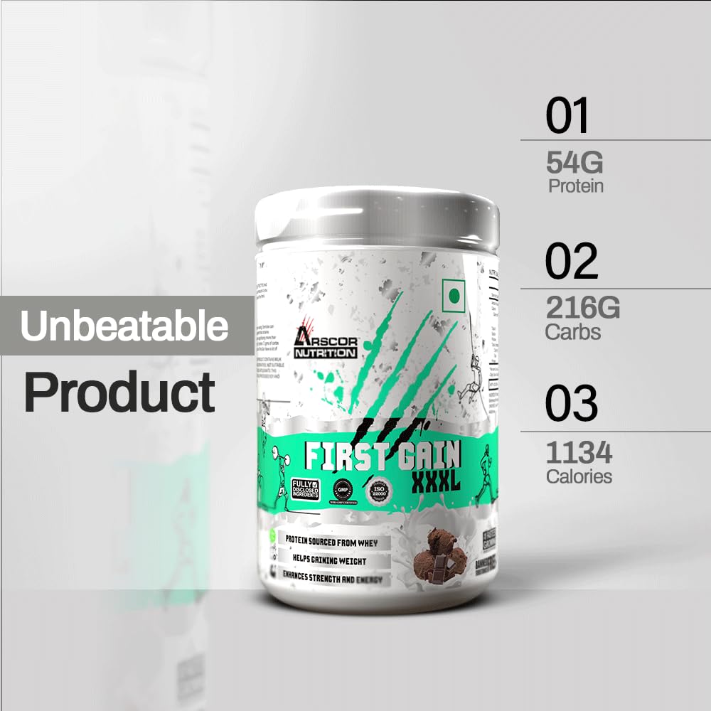 Arscor's First Gain Mass Gainer Powder | High-Calorie Weight Gainer with Whey Protein & Complex Carbs | Muscle Mass & Strength Builder | No Added Sugar (2.5 Kg, Mango Vanilla)