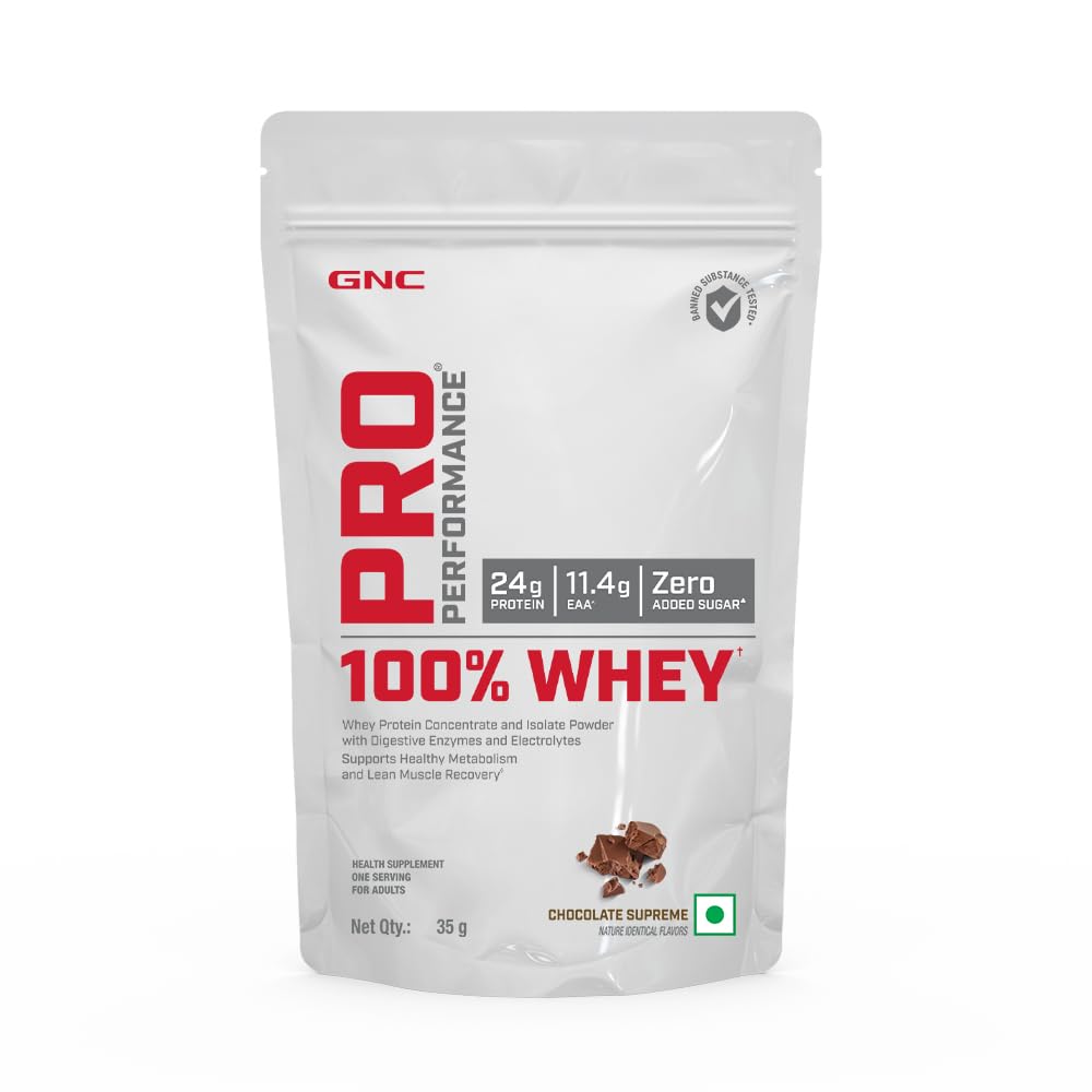 GNC 100% Whey Protein Powder & Black Shaker | Chocolate Supreme | 35g x 6 Sachets | DigeZyme® | Muscle Recovery & Lean Growth