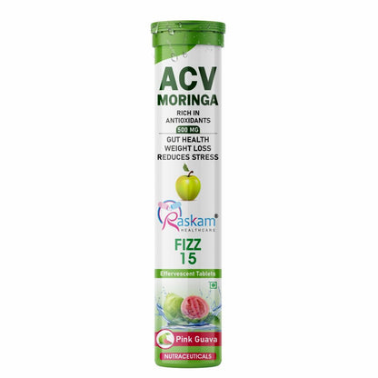 Raskam ACV Moringa Effervescent Tablets 500mg – Pink Guava Flavor, No Added Sugar, Supports Appetite Control, Immunity & Natural Energy – 15 Fizz Tabs (Pack of 1)