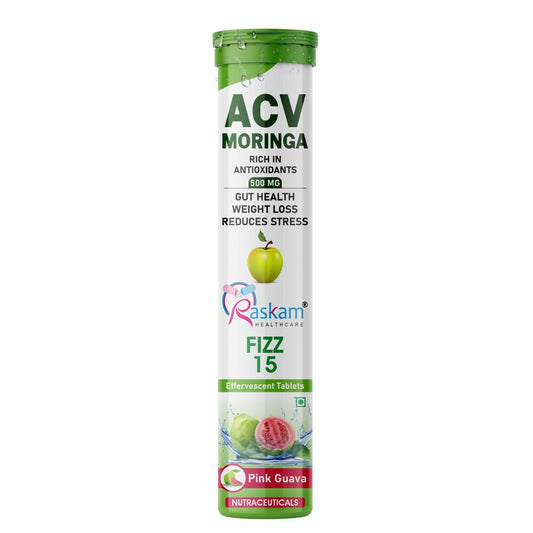 Raskam ACV Moringa Effervescent Tablets 500mg – Pink Guava Flavor, No Added Sugar, Supports Appetite Control, Immunity & Natural Energy – 15 Fizz Tabs (Pack of 1)