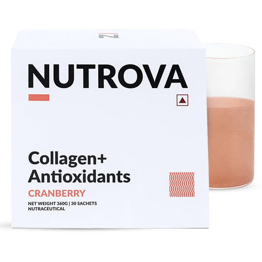 NUTROVA Collagen+Antioxidants Supplement - 30 Sachets of Marine Collagen Powder for Men & Women, Increases Skin Hydration, Reduces Skin Damage, Supports Healthy Skin, Hair & Nails, Cranberry Flavour