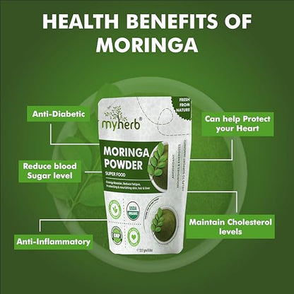 MYHERB Organic Moringa Powder | 227 gm/0.5 Lbs | Ayurvedic Support For Holistic Wellness | Herbal Supplement | Rich In Antioxidants |Good For Digestion, Energy, Immunity, Weight Loss For Men And Women