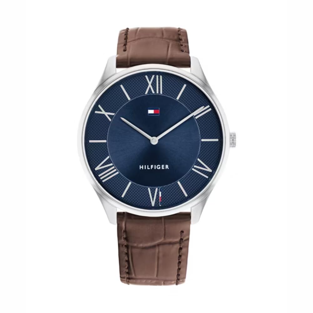 Tommy Hilfiger Becker Quartz Basic Slim Navy Dial Brown Leather Strap Analog Watch for Men