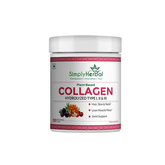 Simply Herbal Plant Based Collagen Powder Natural Peptide Builder Supplement Drink With Vitamin C, Silica, & Biotin For Skin Hair Nail Health Promote Bone Joint Function for Men & Women – 150 gm