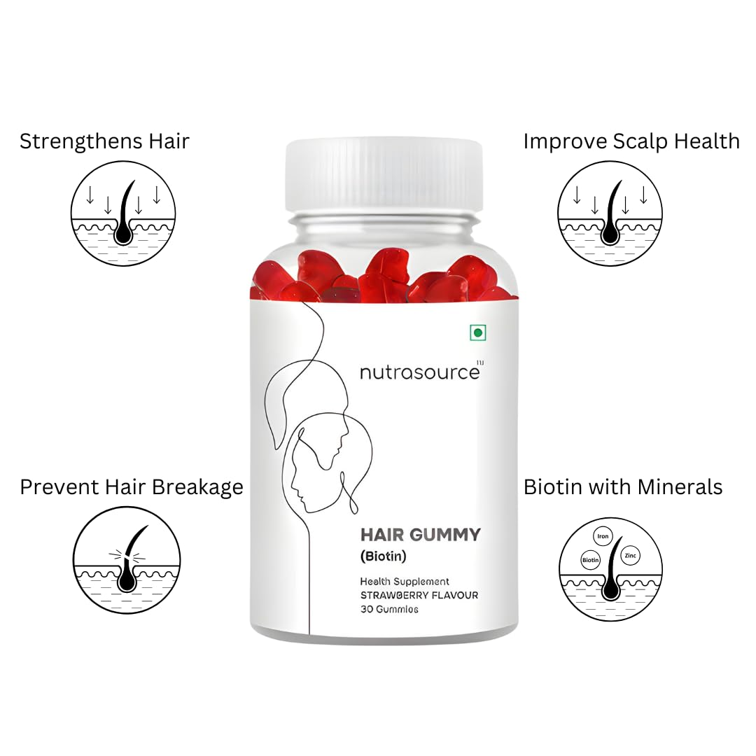 Nutrasource Hair Gummy with Biotin, Strawberry Flavour, 30 Gummies, Health Supplement, No added sugar for men & women hair Gummy