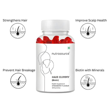 Nutrasource Hair Gummy with Biotin, Strawberry Flavour, 30 Gummies, Health Supplement, No added sugar for men & women hair Gummy