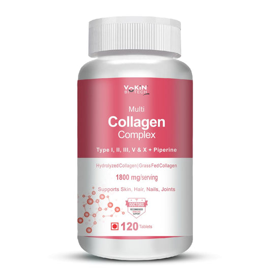 Vokin Biotech Multi Collagen Complex Peptide with all 5 Types I, II, III, V & X Supports Skin, Hair, Nails & Joints 120 Tablets