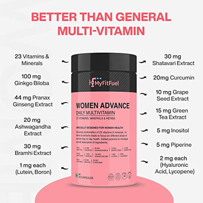 MyFitFuel Women Advance Daily Multivitamin (37 Herbs, Vitamins & Minerals) For Skin, Hair & Nails, Bones, Strength, Immunity, Focus, Antioxidants & more (60 Capsules)