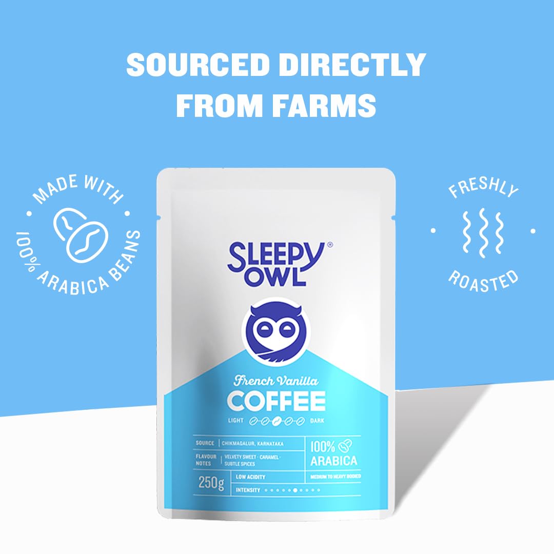 Sleepy Owl French Vanilla Ground Coffee for French Press | Medium Roast | 100% Arabica | Coarse Grind Coffee | Also Suitable for Cold Brewing | 250g | Directly Sourced From Chikmagalur