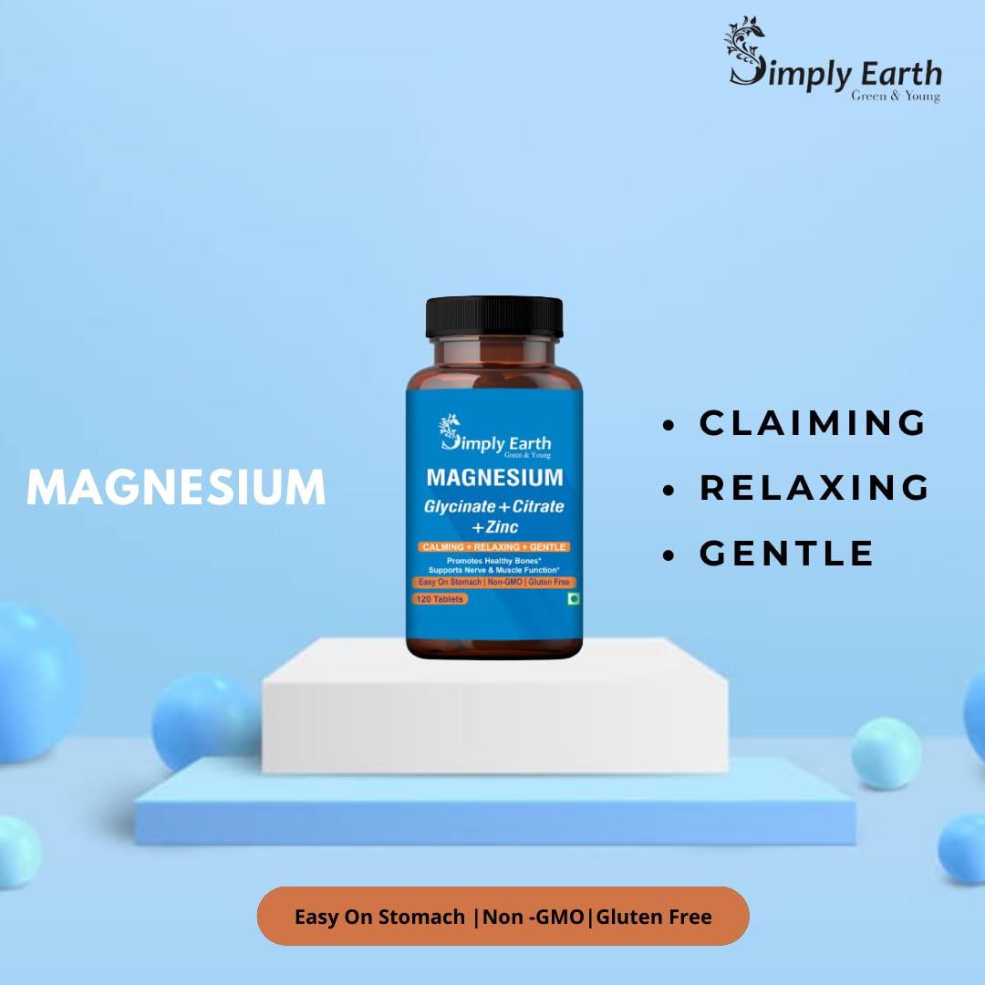 Simply Earth Magnesium Complex supplements - 120 Veg Tablets with Magnesium Glycinate; Citrate; Oxide & added Zinc - Promotes Healthy Bones; Supports Nerve & Muscle Function