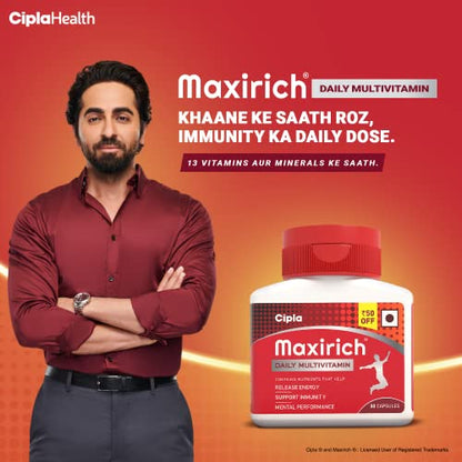 Cipla Maxirich Daily Multivitamin (30 Capsules) For Men & Women With Essential Nutrients, Vitamins, Minerals, Anti-oxidants For Building Immunity & Energy (Bottle Pack)