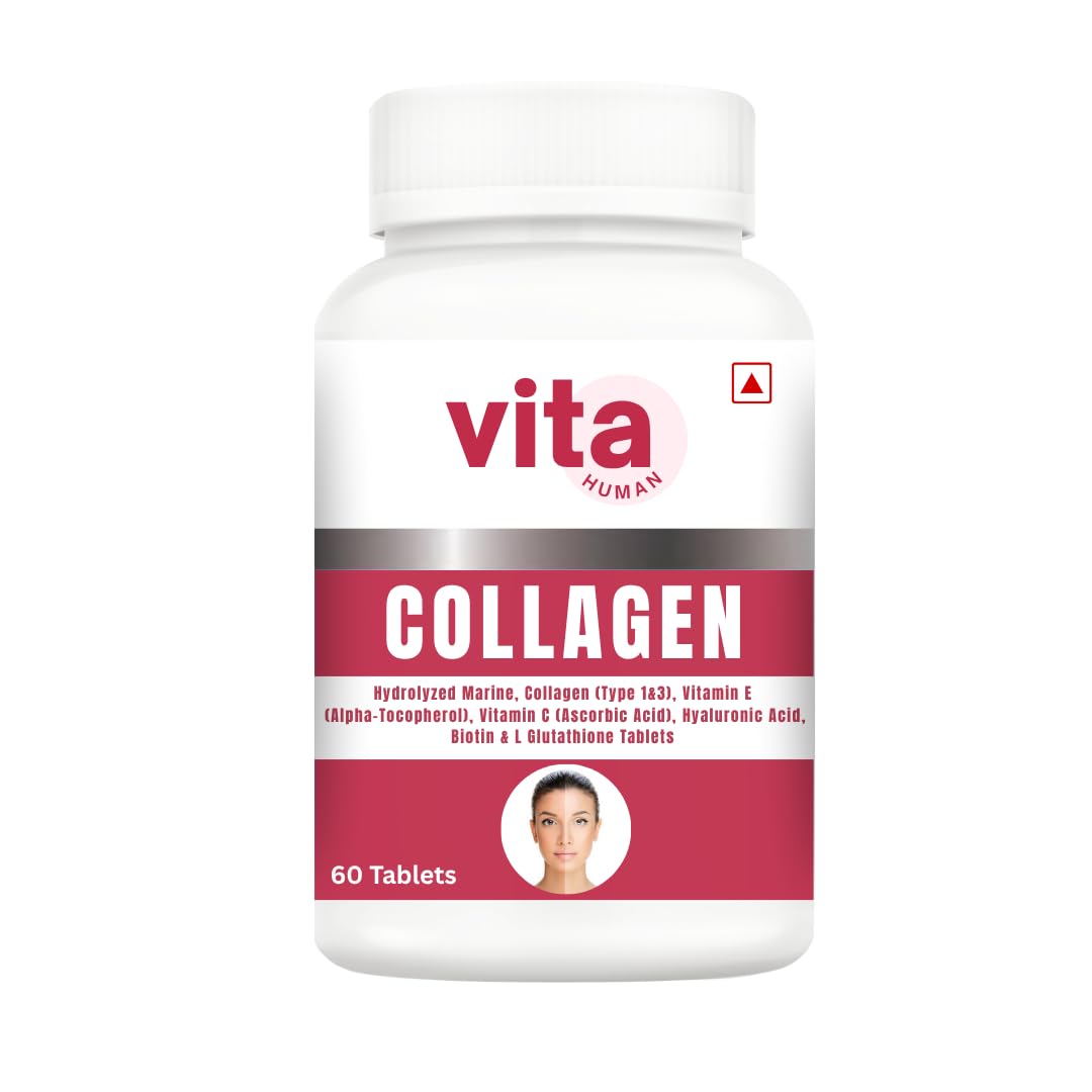Vitahuman Hydrolyzed Marine Collagen Type 1 & 3 Tablets with Vitamin C, E, Hyaluronic Acid, Biotin & L-Glutathione – For Skin Glow, Firmness & Anti-Aging | 60 Tablets