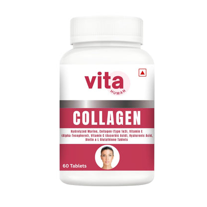 Vitahuman Hydrolyzed Marine Collagen Type 1 & 3 Tablets with Vitamin C, E, Hyaluronic Acid, Biotin & L-Glutathione – For Skin Glow, Firmness & Anti-Aging | 60 Tablets