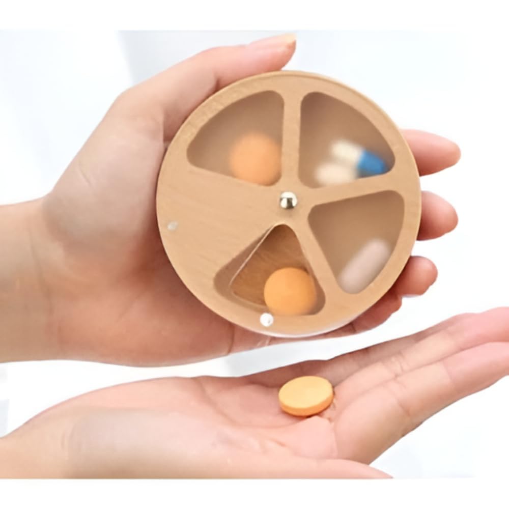 Wooden Pill Organizer Medicine Holder Tablet Box Daily Pill Case Weekly Pill Box Round Pill Dispenser with Rotating Lid Compartment Storage Vitamin Supplement Container Portable Eco Friendly Natural Wood Health Care Organizer for Home Travel Senior Care (