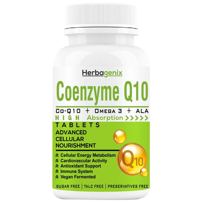 HERBAGENIX Coq10 Coenzyme Q10 300mg With Alpha Lipoic Acid Ala, Omega 3 Fatty Acid, Lycopene, Bioperine And Vitamin B1, B2 And B6 To Good Health Supplement-60 No Sugar Veg Tablets (No Capsule)