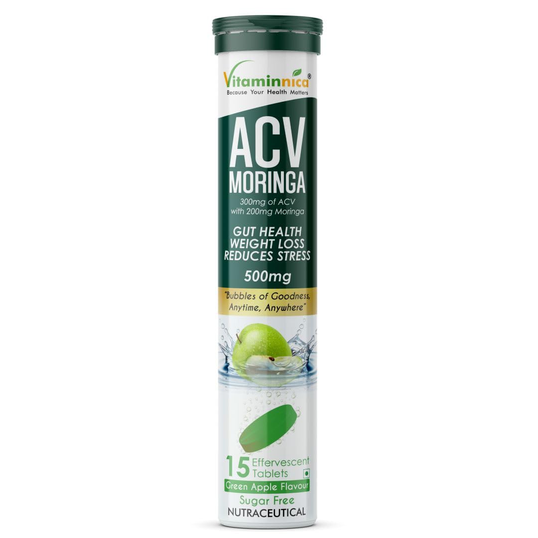 Vitaminnica ACV Moringa- 15 Effervescent Tablets | Apple Cider Vinegar + Moringa for Detox, Weight Management & Gut Health | Fast-Absorbing, Zero Sugar- Green Apple (Pack of 1)