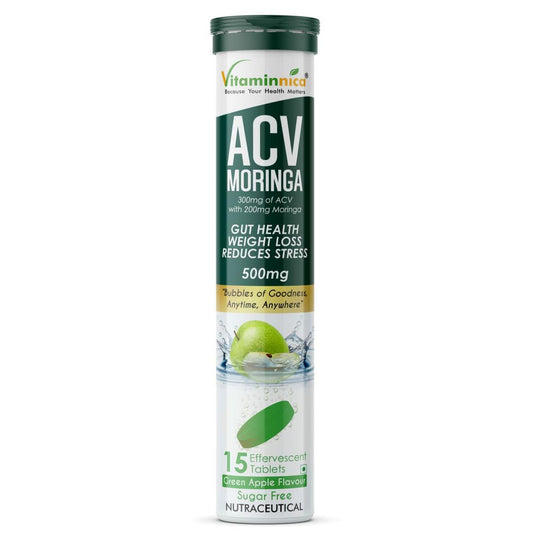 Vitaminnica ACV Moringa- 15 Effervescent Tablets | Apple Cider Vinegar + Moringa for Detox, Weight Management & Gut Health | Fast-Absorbing, Zero Sugar- Green Apple (Pack of 1)