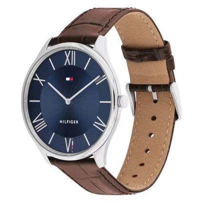 Tommy Hilfiger Becker Quartz Basic Slim Navy Dial Brown Leather Strap Analog Watch for Men