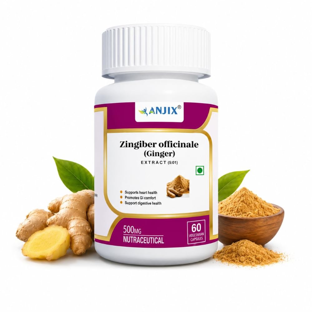 ANJIX Ginger Root Extract, Zingiber Officinale, 3% Gingerol, 500 mg, Pack of 60 Veg Capsules
