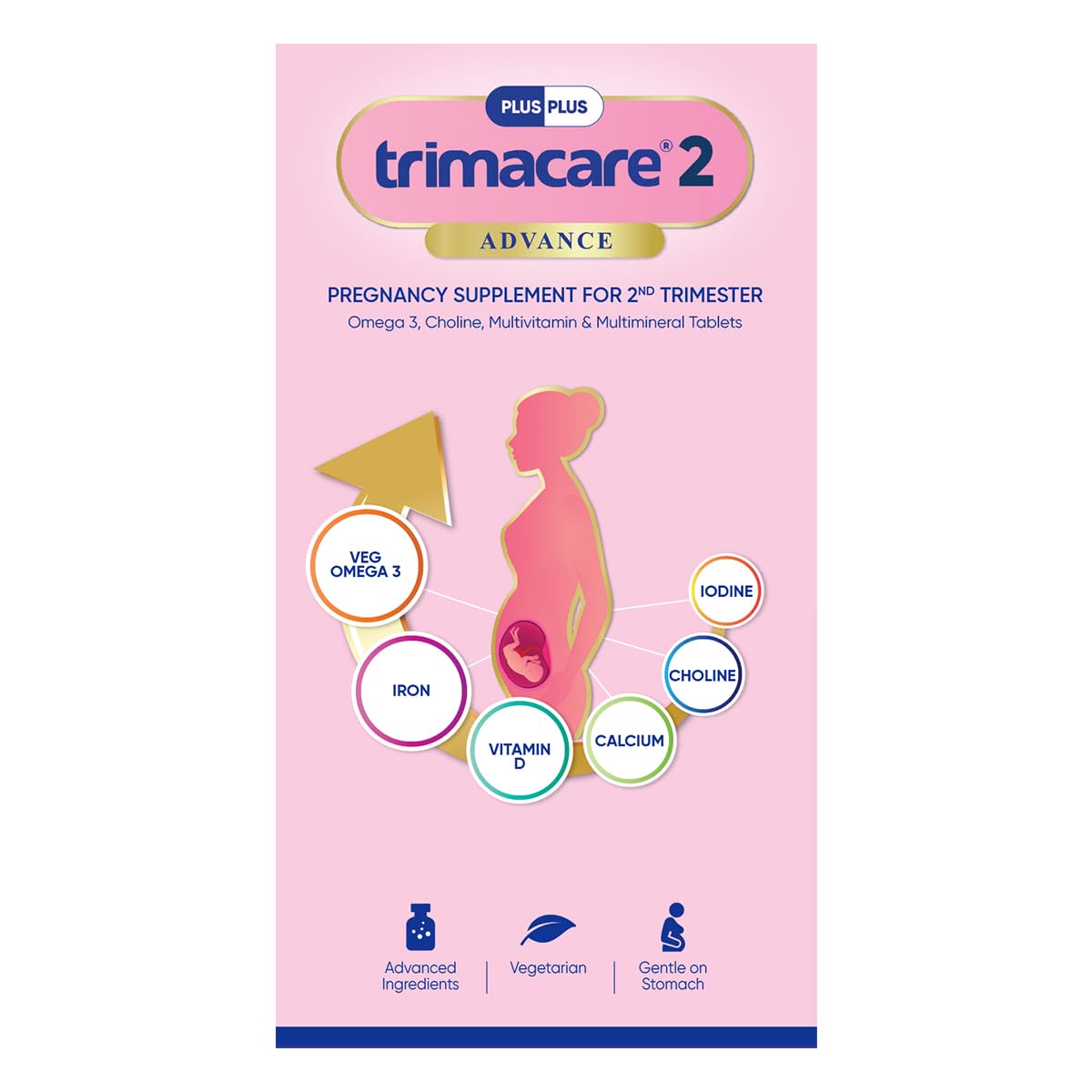 TRIMACARE™ 2 Advance | Prenatal Multivitamin For Pregnancy | For Second Trimester | Iron, Calcium, Veg DHA Omega-3, Vitamin C | No Gas & Bloating | Twice Daily | New Formula with Choline | 20+ essential nutrients (Pack of 1) | 60 X 1|