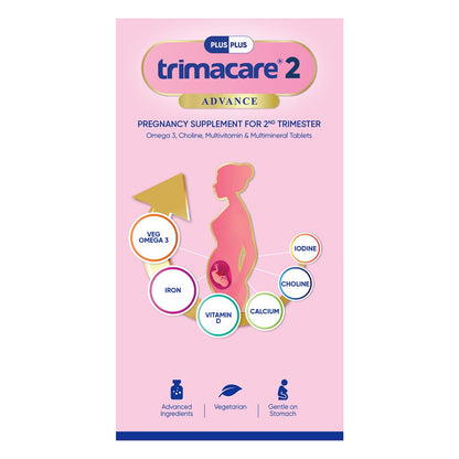 TRIMACARE™ 2 Advance | Prenatal Multivitamin For Pregnancy | For Second Trimester | Iron, Calcium, Veg DHA Omega-3, Vitamin C | No Gas & Bloating | Twice Daily | New Formula with Choline | 20+ essential nutrients (Pack of 1) | 60 X 1|