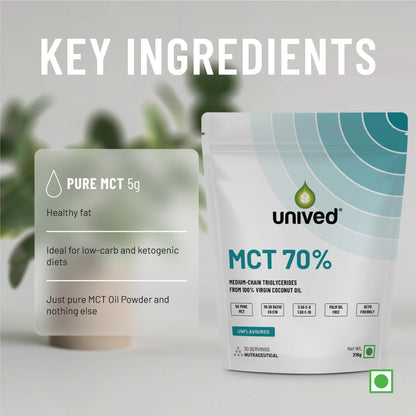Unived MCT 70% | Medium Chain Triglyceride Oil Powder | Clean Energy Fuel | Pure MCT 5g with C-8: 3528mg & C-10: 1512mg in a 70:30 ratio | Keto Friendly | 30 Servings