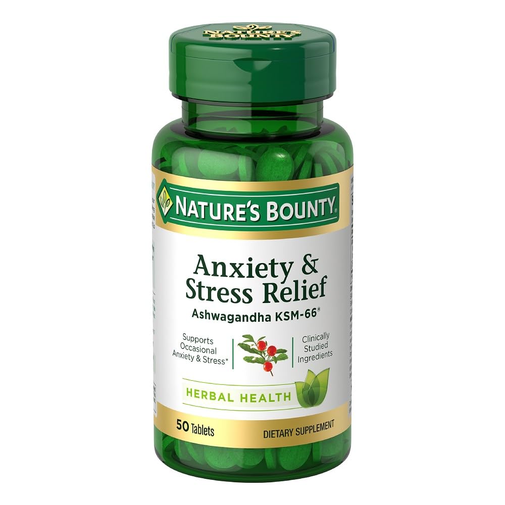 Nature's Bounty Anxiety and Stress Relief, Contains Ashwagandha and L-Theanine for Occasional Anxiety and Stress*, 50 Tablets