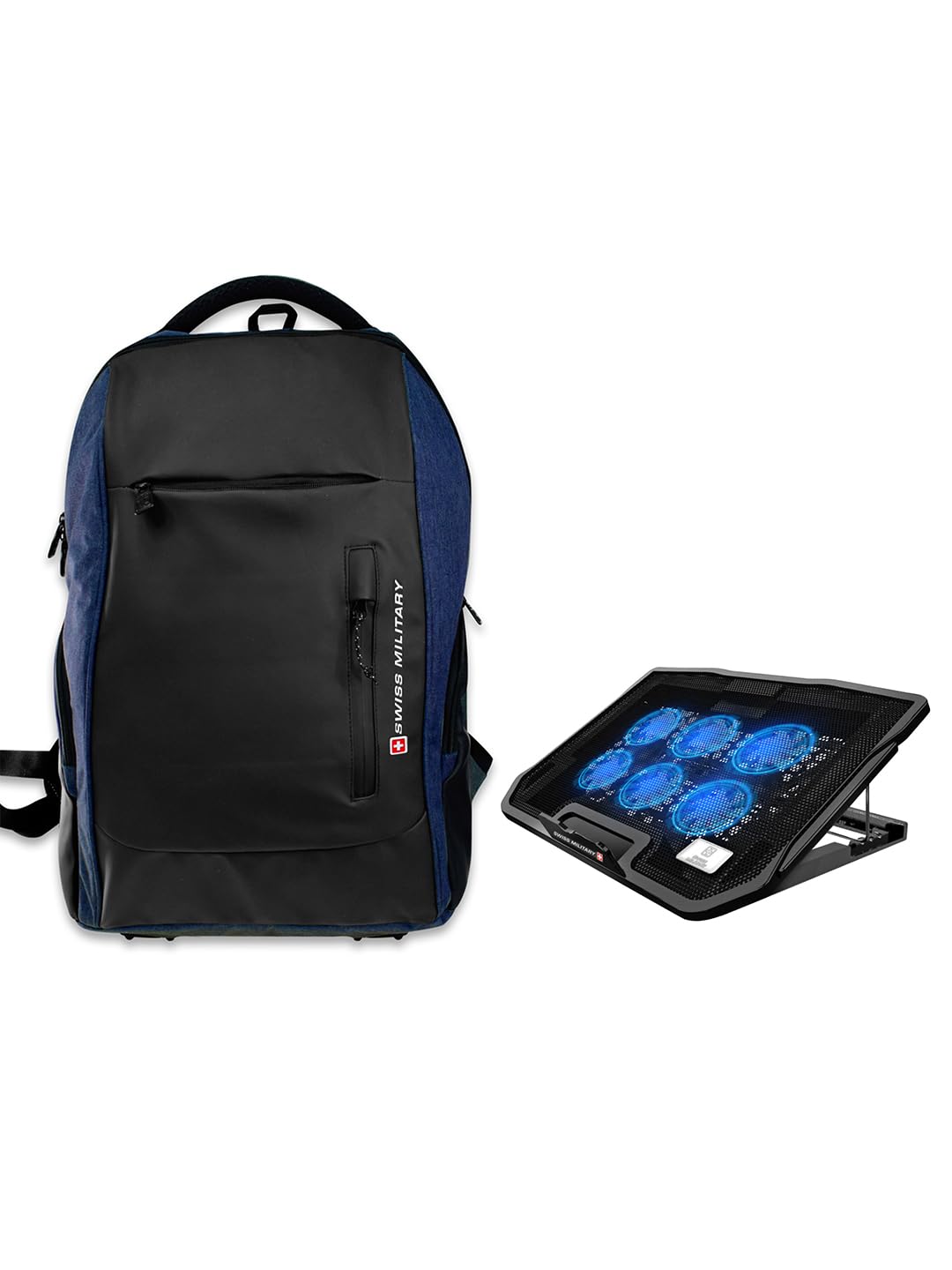 SWISS MILITARY Combo of Laptop Backpack for Men with Quick Access Pockets, Travel Backpack for Men, 29L, Black & Blue, 1 & Laptop Stand with Cooling Pad, Laptop Stand for Desk, Black, 1
