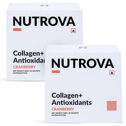NUTROVA Collagen+Antioxidants Supplement - 60 Sachets For Men & Women, Increases Skin Hydration & Reduces Skin Damage, Cranberry Flavour - Easy To Mix, Powder, 2 count, 60 servings