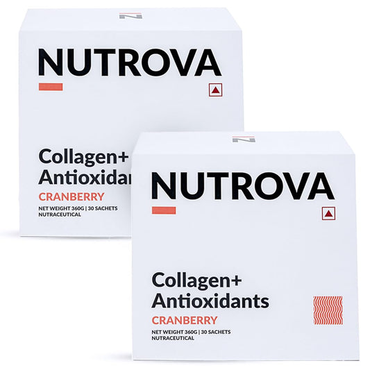 NUTROVA Collagen+Antioxidants Supplement - 60 Sachets For Men & Women, Increases Skin Hydration & Reduces Skin Damage, Cranberry Flavour - Easy To Mix, Powder, 2 count, 60 servings