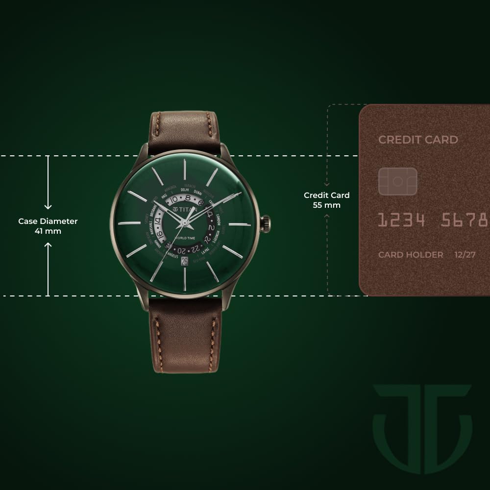 Titan Green Dial World Time with Date Leather Strap Analog Watch for Me- image 2