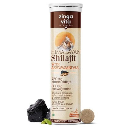 Zingavita Himalayan Shilajit Original (750mg) Effervescent Tablets, With Ashwagandha, Gokshura & Safed Musli for Strength, Performance & Muscle recovery, Cardamom Flavour | Ayush Approved | Pack of 1