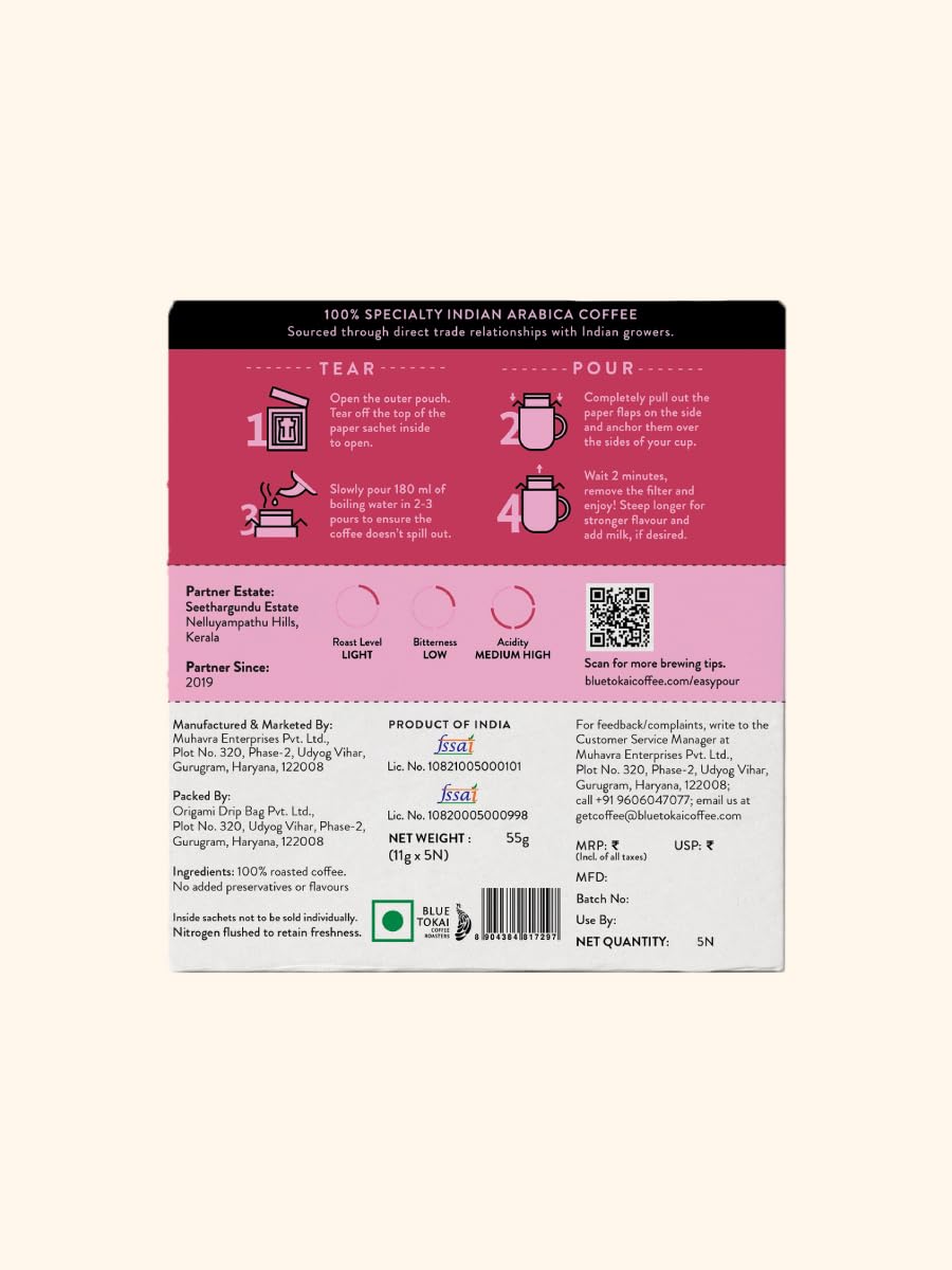 Blue Tokai Coffee Roasters Easy Pour Over Coffee Drip Bags | Seethargundu Estate - Light Roast | Pack Of 5 Sachets | 100% Arabica Beans | Ready to Brew in 2 Mins | Just Pour In Hot Water
